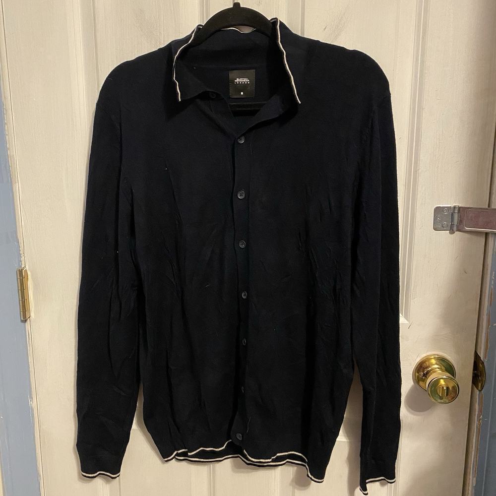 Burton Menswear London Knit Sweater Cardigan Sz M Navy White Button Front Soft - Picture 9 of 9